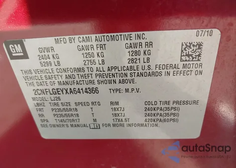 2010 Chevrolet Equinox Ltz z USA, uszkodzony, nr VIN 2CNFLGEYXA6414366